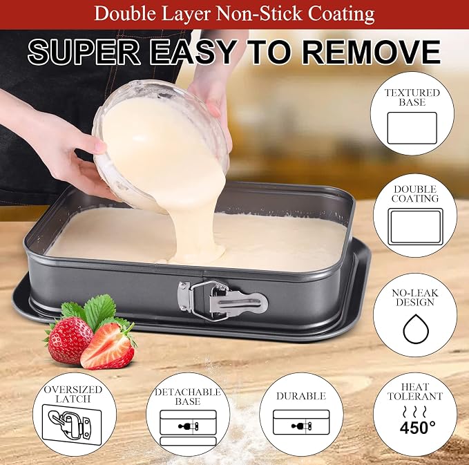 Kenond Large Springform Cake Pan, 14 x 11-Inch Rectangle Cheesecake Pan | Non-Stick Baking Pan Mold Leakproof, Tiramisu Bakeware with 50Pcs Wax Paper, 3Pcs Spatula Set