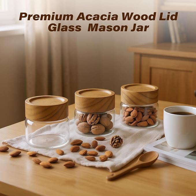 2-Pack 4 fl oz Leakproof Mason Jars with Acacia Wood Lids | Small Glass Food Storage Containers / Overnight Oats / Spices / Snacks / Kitchen Pantry Organization