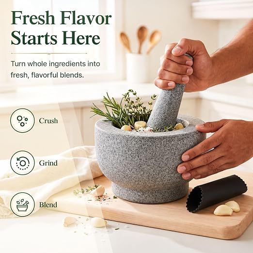 Flexzion Granite Mortar and Pestle Set, 4 Cup with Garlic Peeler, Gray | Large Molcajete Stone Grinder Bowl Includes a Matching Pestle, Garlic Peeler and Non-Slip Mat for Guacamole, Salsa and Spices