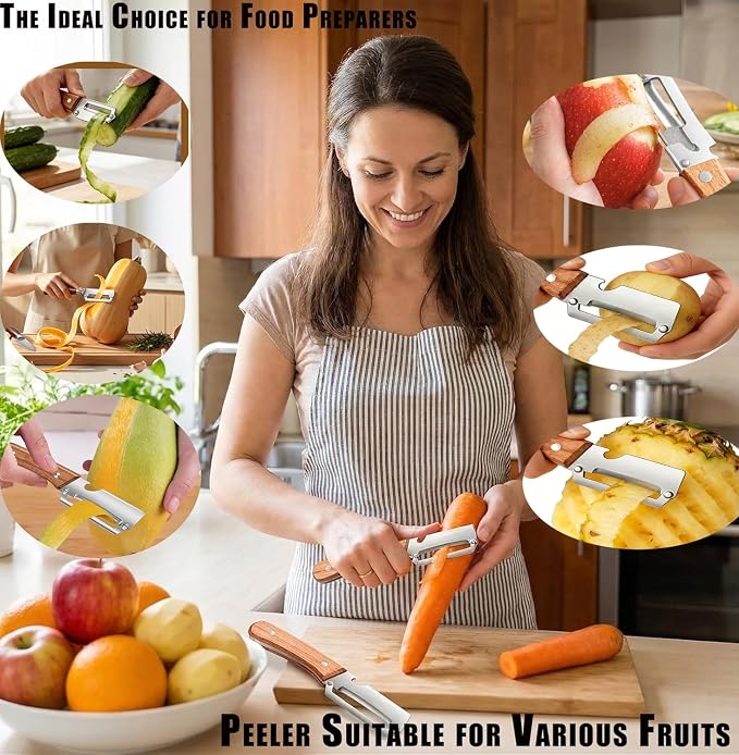 Multifunctional Stainless Steel Vegetable Veggie Peeler For Kitchen | Durable Wooden Handle Vegetable Peeler Suitable For Food Such As Potatoes, Carrots, Cucumbers, Peaches, Zucchini, And Cabbage