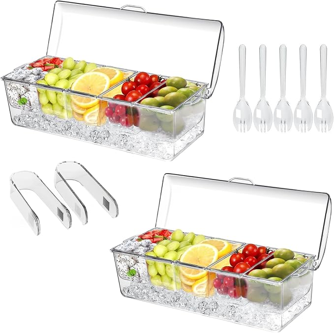 2 Pack Large Ice Chilled Condiment Caddy, Condiment Containers with Lids | serving tray,mimosa bar supplies,5 Removable Compartments (2.5 cup),fruit tray,hosting essentials,catering supplies