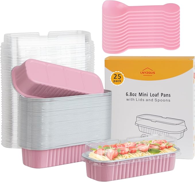 LNYZQUS Mini Loaf Pans with Lids, 6.8oz Cake Tins for Baking | 25 Pack, Rectangle, Pink, Disposable Aluminum Foil Dessert Cups, Individual Take-out Containers for Small Bake Gifts