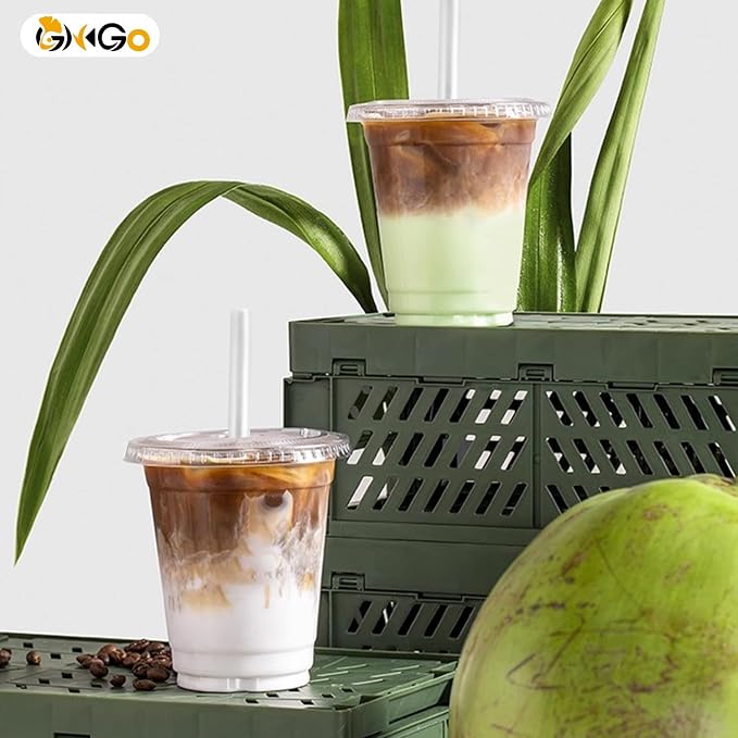 Ginkgo 100 Pack 12 oz Plastic Iced Coffee Cups with Lids and Straws | Disposable Clear To Go Cups for Milkshakes and Cold Beverages, Coffee Bar Essentials for Home and Shops