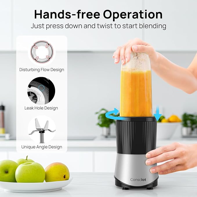 Consciot 16-Piece Blender & Grinder Combo for Kitchen and Personal Size | Blend Shakes & Smoothies, Frozen Drinks, Baby Food, Spreads & More, 4 BPA-Free Portable To-Go Cups & 4 Lids, 900 Peak Watts