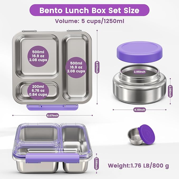 Stainless Steel Bento Box Kids Adult with 7oz Soup Thermo, Transparent Lid 3 Compartments Metal Bento Lunch Box with Insulated Food Jar,Lunch Box Container Sauce Cup for School,BPA-Free(Purple)