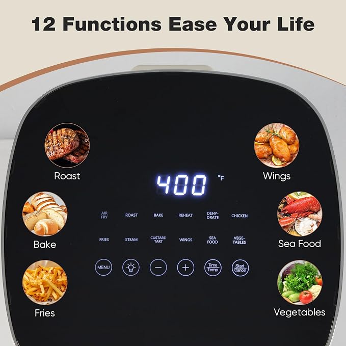 OLIXIS 12-in-1 Air Fryer 6.34 Quarts, Visable Airfryer with Window, 400°F, Roast, Reheat, Dehydrate, Bake, Steam, Fries, Custard, Chicken, Wings, Sea Food, Vegetabels, Pearl White