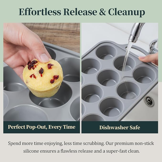 12-Cup Mini Silicone Muffin Pan with Reinforced Steel Frame,Metallic Silver | Regular Size Cupcake Pan, BPA Free Silicone Muffin Tray, Reinforced Steel Frame for Stability, Easy Baking & Cleanup, 2Pk