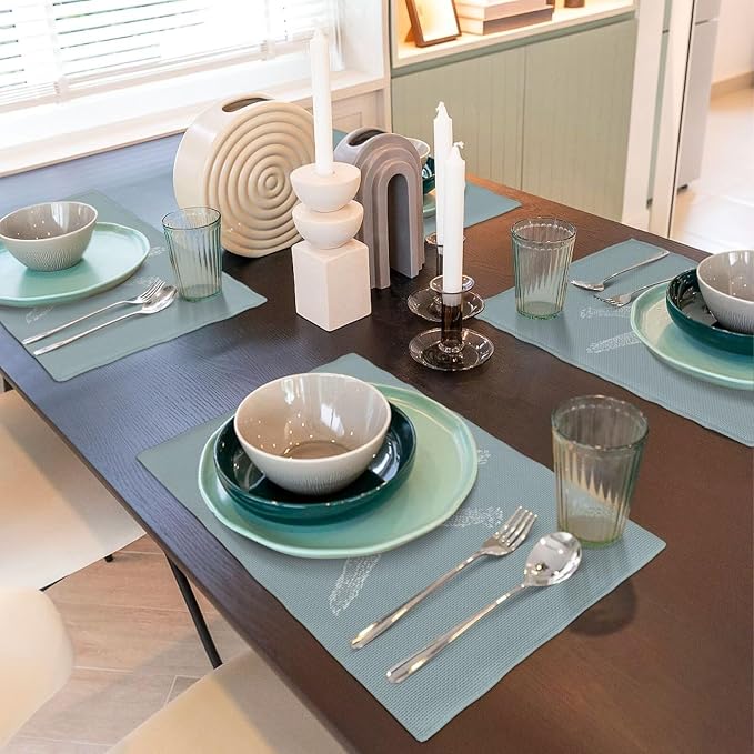Summer Coastal Placemats Set of 4, Beach Theme Ocean Seafoam Blue Starfish Decorative Table Mat 12 x 18 Inch Heat Resistant Non Slip Line Fabric Nautical Place mat for Dining Table