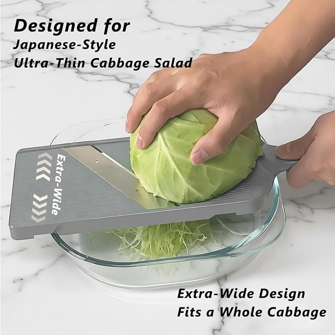 Large Cabbage Slicer, 1mm Ultra-Thin Mandoline Slicer with Safety Guard & Cleaning Brush, Stainless Steel Vegetable Shredder for Coleslaw, Sauerkraut, Salad, Onion, Potato Chips, Gray