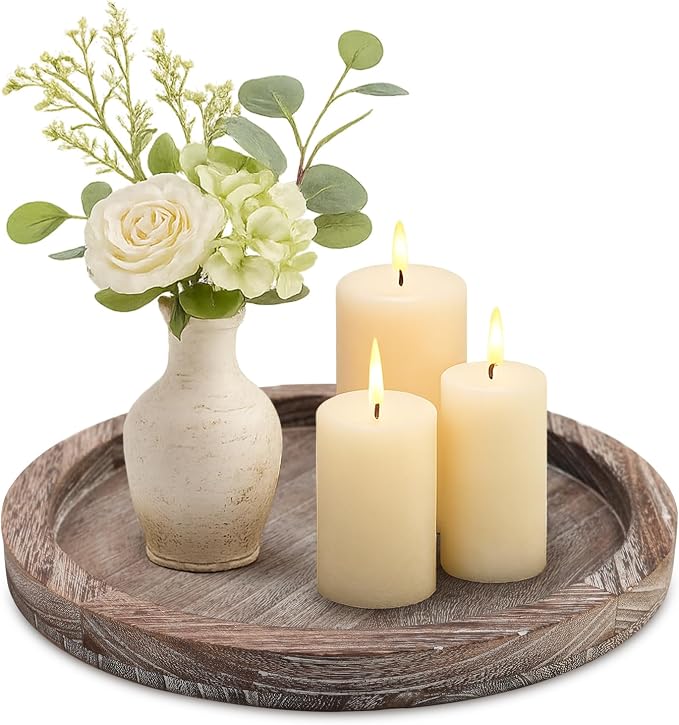 Round Wood Trays Home Decor Farmhouse Coffee Table Centerpieces Decorative | Circle Small Wooden Candle Holder Rustic Living Room Dining Table Decorations Boho Kitchen Bathroom Counter Dresser Tray