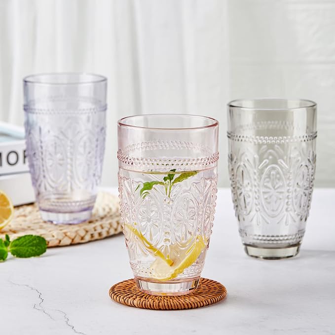 Colored Vintage Drinking Glasses Set of 4, 15.5 oz Romantic Embossed Water Glasses, Colored Tumblers Tempered Glass for Juice, Beverages, Beer, Cocktail