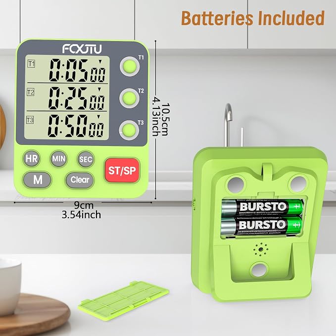 Digital Dual Kitchen Timer, Multi-Channel Magnetic Countdown for Cooking | 3Groups Triple Independent Countup Timer, Memory Presets, Loud Alarm & Mute, Large Display, 3A Battery & Stand Included