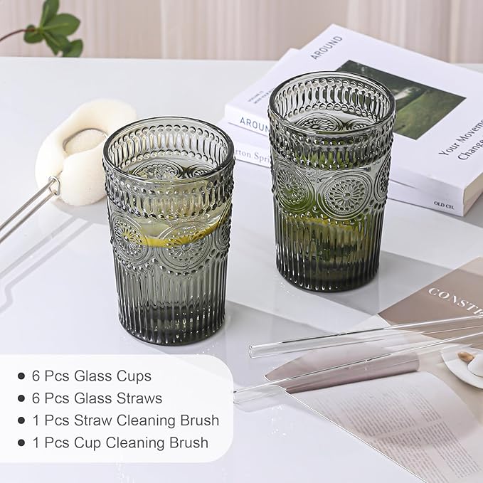 ZMOWIPDL Drinking Glasses Set of 6,13oz Flower Design Grey Glass Cups | Vintage Glassware,Textured Tumblers,Embossed Striped Drinkware for Water,Cocktails,Juice,Iced Coffee