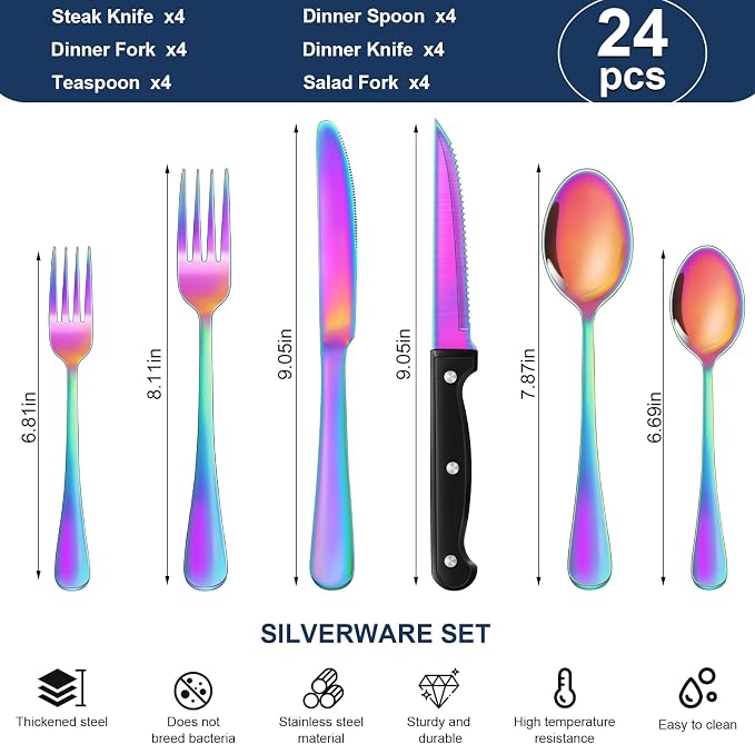 24-Piece Rainbow Silverware Set with Steak Knives Black Stainless Steel Flatware Set for 4 Food Grade Tableware Cutlery Set Rust-proof, Mirror Polished, Dishwasher Safe