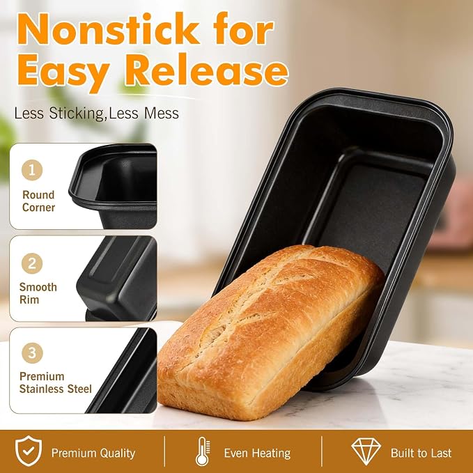 tchrules Loaf Pans 8×4 Inch Carbon Steel Bread Pan Nonstick Baking Set | Even Heat Baking|Oven Safe 450°F|Easy Release Bake|PFOA Free Coating|Warp Resistant Steel|8 Pack Value (Black)