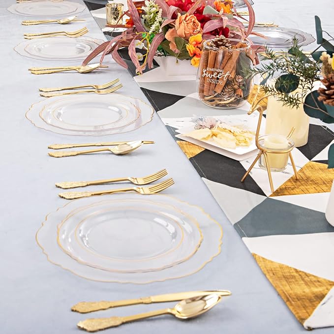 YOUBET 125PCS Clear Gold Plastic Plates for Thanksgiving Party Wedding | 25 Guests Baroque Gold Plastic Dinnerware Includes 25 Dinner Plates, 25 Dessert Plate, 75 Silverware