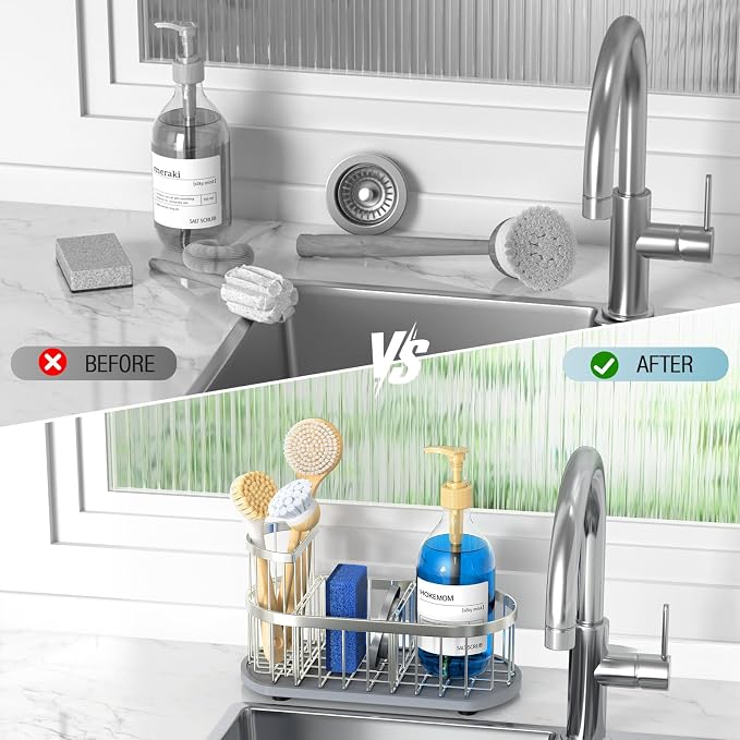 Sink Caddy Kitchen Sink Organizer, Sponge & Brush Holder, Stone Drying Mat | Space-Saving Sink Sponge Holder with Full-Size Tool Storage, Fits Most Sinks, Kitchen Sink Accessory and Countertop Organizer