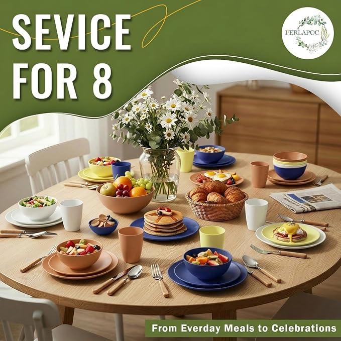 Wheat Straw Dinnerware Sets 40 PCS - Dishes Set for 8 Unbreakable Plates and Bowls Sets with Cups Dishwasher & Microwave Safe Lightweight Dinnerware for Kitchen Camping RV - Mondrian Colors