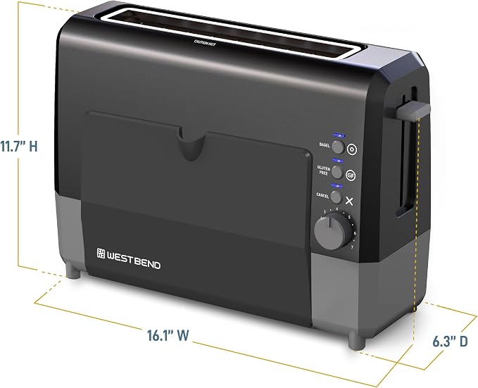 West Bend QuikServe Toaster, 2-Slice Wide-Slot Slide-Through Bread Toaster with Bagel and Gluten-Free Settings and Cool-Touch Exterior Fast Toasting, Includes Removable Serving Tray, 1400-Watts, Black