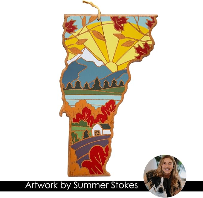 Totally Bamboo Vermont State Shaped Cutting Board, Summer Stokes Art | State charcuterie board with colorful hand-drawn landscape art. Smooth reverse side for food prep. Hang tie for wall display.