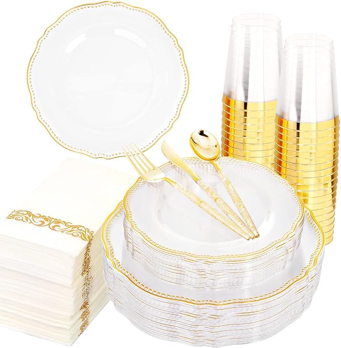 175 Pcs Clear Gold Plastic Plates, Serves 25, for Wedding & Party | Clear plastic plates with elegant gold rim & glitter-handle cutlery. Perfect for weddings. Durable and easy to clean.