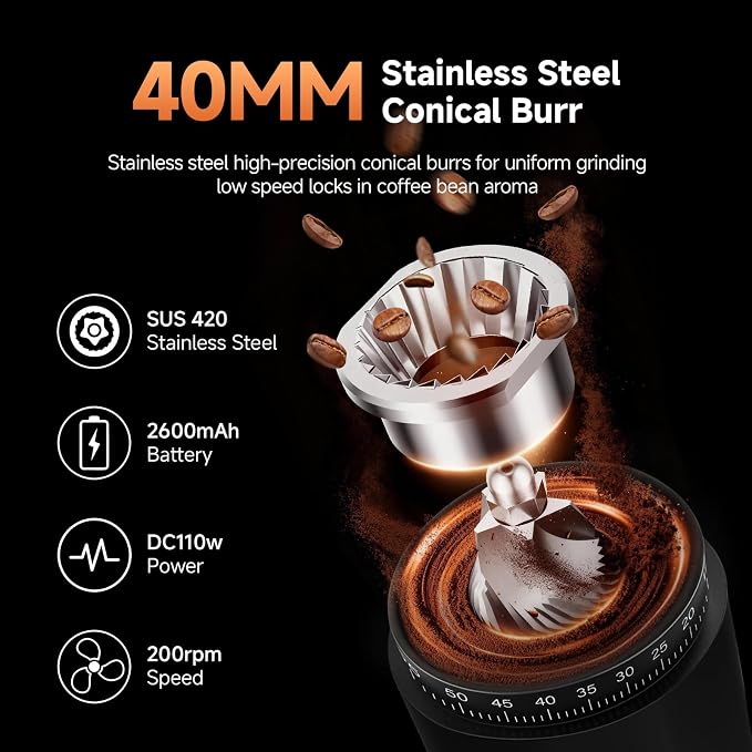 AAOBOSI Cordless Burr Coffee Grinder, Rechargeable with 60 Grind Settings & Anti-Static, Digital Timer Touchscreen, Portable Electric Grinder for Espresso, Pour Over, French Press, Travel, Camping