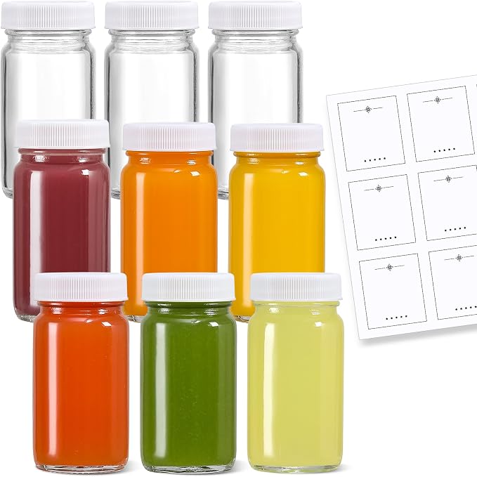 9 Pack 2 oz Glass Shot Bottles w/ White Lids & 9 Labels - Small Clear Jar for Ginger, Wellness Shot, Juice, Sample, Whiskey - Travel Essentials Mini Bottles - Wide Mouth, Leakproof, Dishwasher Safe