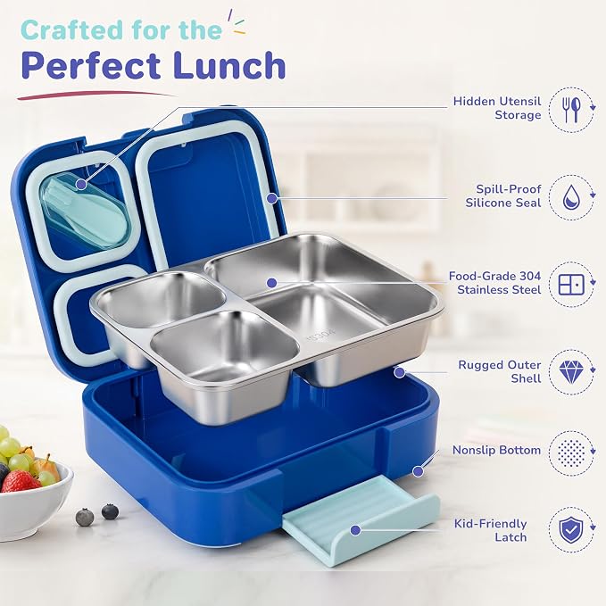 Bento Lunch Box for Kids, 3 Compartment 304 Stainless Steel Food Container with Handle & Spork, Kids Lunch Box Fits Ice Pack, BPA-Free, Blue