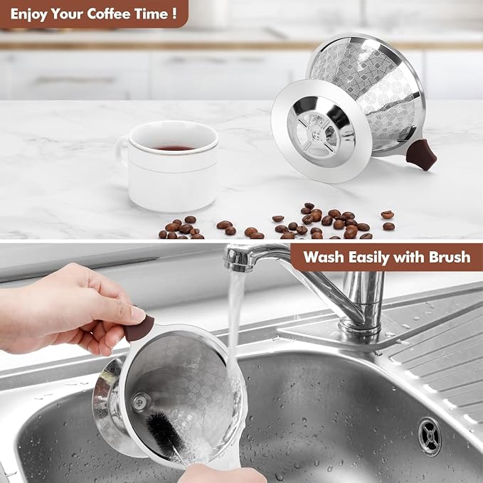 Pour Over Coffee Dripper, Double Mesh with Spoon and Cleaning Brush | Stainless Steel Coffee Filter 1-4 Cup, Metal Cone Filter Paperless, Reusable, Metal Strainer