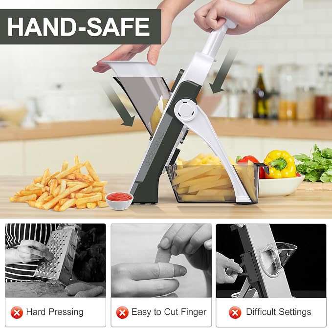 5 in 1 Adjustable Safe Mandoline Slicer for Kitchen with Paring Knife | Safe Mandoline Slicer for Kitchen, Easy to Clean/Storage, Potato Slicing, Strips, Shredding, Dicing, Chop, Cleaning brush