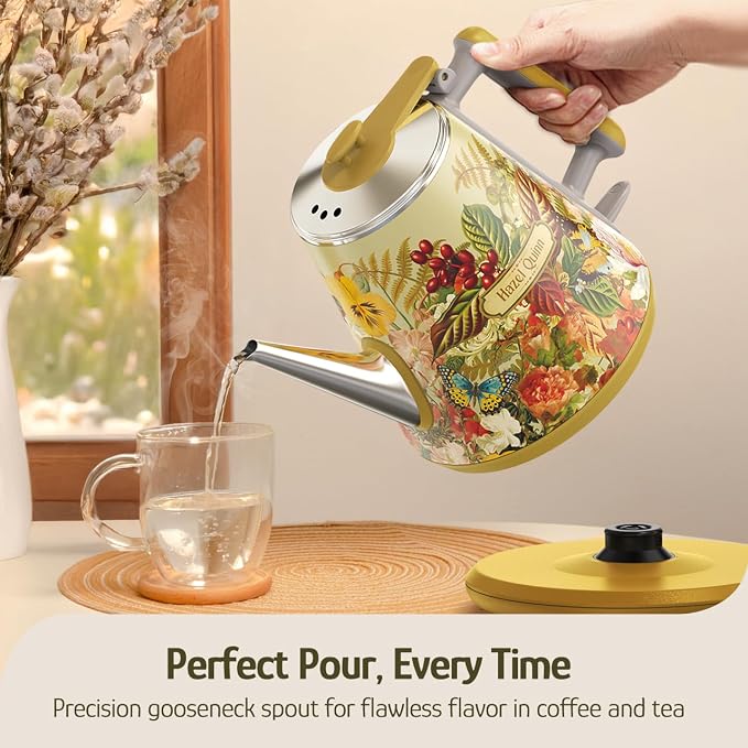 Hazel Quinn X Eduardo Recif Electric Kettle 1L/34oz Small Tea Kettle Floral | 800W Fast Boil, 304 Stainless Steel Interior, Double-Wall Cool Touch, Gooseneck Spout, Auto Shut-Off, BPA-Free Cordless, Home