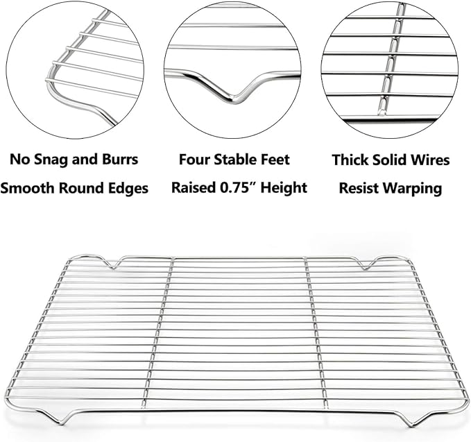 Baking Cooling Rack Set of 2, E-far 16.5"x11.5" Stainless Steel Metal Roasting Cooking Racks, Fits in Half Sheet Cookie Pans, Non Toxic & Rust Free, Oven Proof & Dishwasher Safe