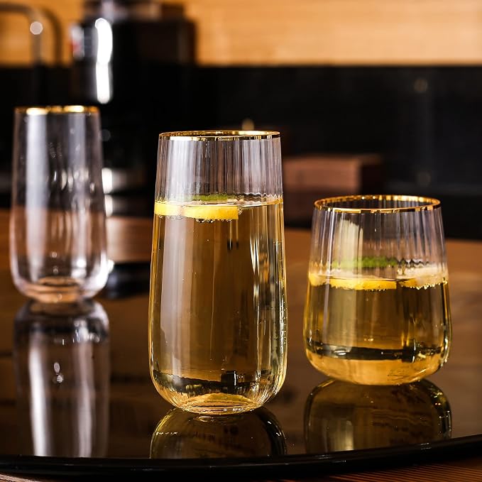 Lysenn Stemless Wine Glasses Set of 4 - Premium Hand Blown Drinking Glasses for Bubbly Wine & Champagne - Elegant Vertical Stripe and Gold Rim Champagne Flutes – Clear 17oz | Ultra Clear, Premium Quality, Large 17oz Capacity for Sparkling Wine and Bubb...