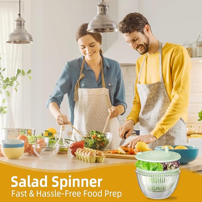 Large Capacity Multi-Function Salad Spinner with Quick Stop Button, Salad Spinner Stainless Steel, Salad Spinner Large, with 5 Blade Slicer Egg Yolk Strainer Shredder (Transparent green)