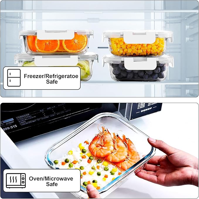 VERONES 10 PACK Glass Meal Prep Containers Set with Lids, White | Airtight & Stackable Glass Food Storage Containers Set with Lids, for Microwave, Oven, Freezer & Dishwasher Friendly