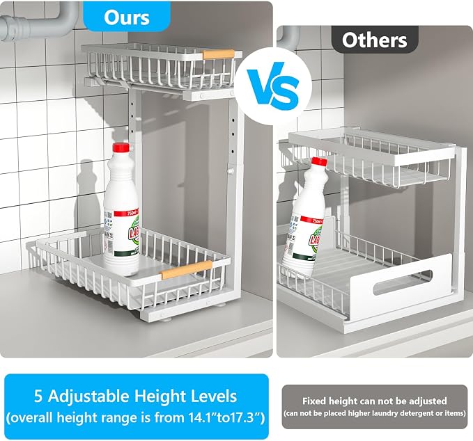 Merrylun Under Sink Organizers,5 Adjustable Height，Metal Pull Out Under Sink Organizers and Storage Shelves with Sliding Drawer, White 1pack（Hight 13.6″-16.9″）