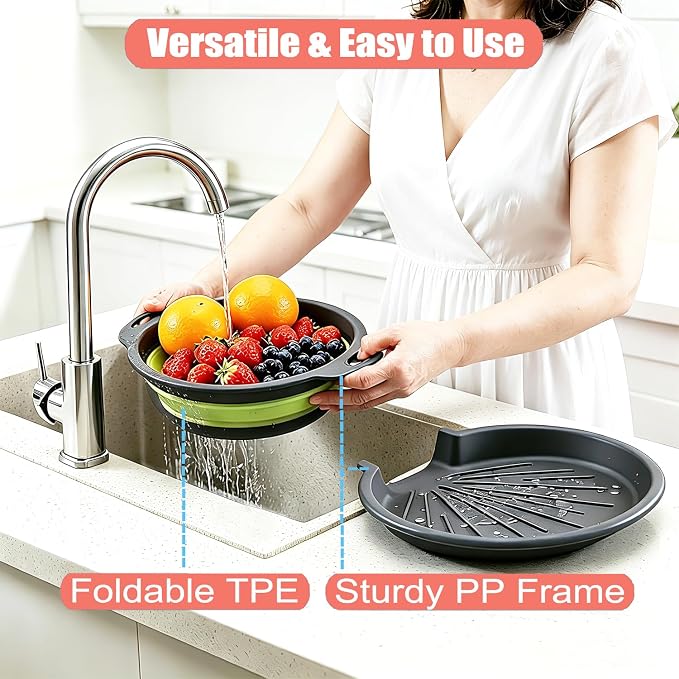 Collapsible Colanders Food Strainers, 3-Pack Foldable Kitchen Strainers with Over-Sink Water Draining Tray, Space Saving Kitchen Drainer for Vegetables, Fruit, Pasta and Rice (Blue-Red-Green-Gray)