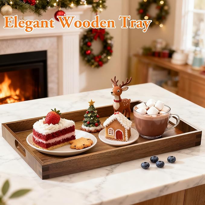 Serving Trays - 2 Pack, Large | Acacia Wood Serving Platters with Ergonomic Handles, Versatile Rustic Decorative Trays for Breakfast, Brunch, Dinner