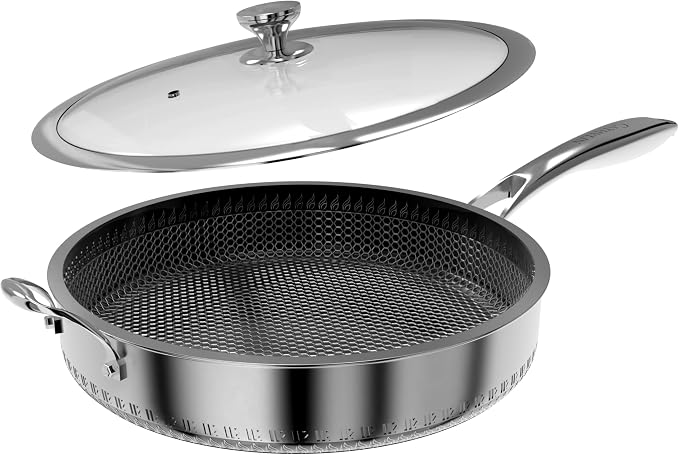 316L Stainless Steel 5QT Frying Pan Hexagon Nonstick Wok with Lid,Single Handle to Hold, PFOA Free, Dishwasher Oven Safe (12inch,5QT/Single Handle)