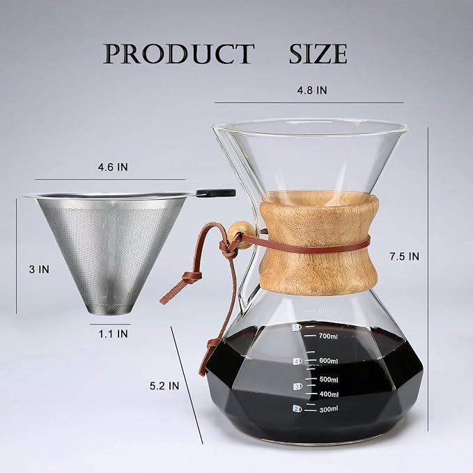 Lalord Pour Over Coffee Maker, 800ml/27oz Borosilicate Glass Carafe, Reusable Stainless Steel Filter, Wooden Collar, 4-6 Cups Serving, Clear