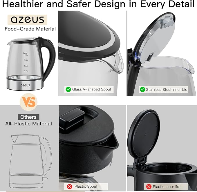 AZEUS Electric Kettle 1500W Tea Kettle, 1.8L Large Capacity with Auto Shut-Off and Boil-Dry Protection, BPA-Free