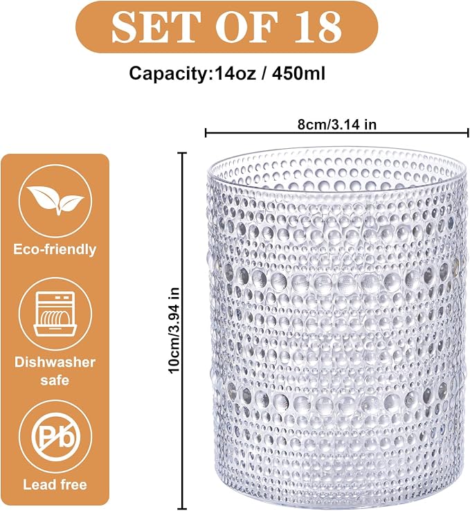 18PCS Plastic Hobnail Drinking Glasses - 14 Oz Clear Vintage Glasses Drinkware - Disposable Beaded Cups for Beer, Whiskey, Juice, Cocktail, Wine, Party (Pack of 2)