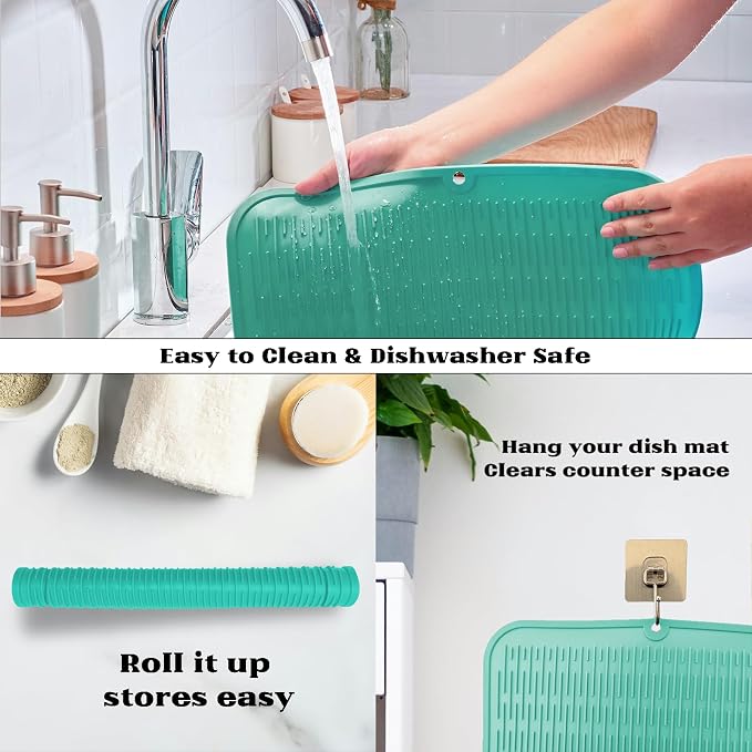 ZLR Oversized Silicone Dish Drying Mat for Kitchen, 16"x18", Mint Green | Family-Size Drainboard for Pots & Pans, Thick 4mm No-Curl, Heat-Resistant Trivet to 450°F, Non-Slip, Rolls to Store