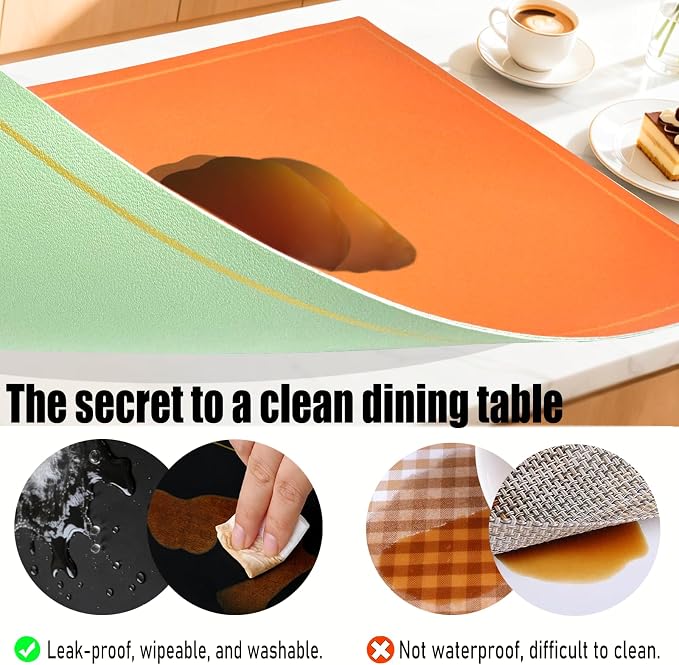 Faux Leather Placemats Set of 6, 11.8"x17.7", Green & Orange | Reversible Table Mats, Waterproof, Stain & Heat Resistant, Easy Clean for Dining, Gatherings, Outdoor