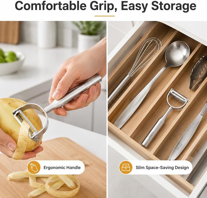 2-in-1 Julienne Vegetable Peeler, Stainless Steel Y Peeler with Dual Blades | Kitchen Peeler with Sharp Blades for Fruits & Vegetables, Ergonomic Handle, Durable and Easy to Clean