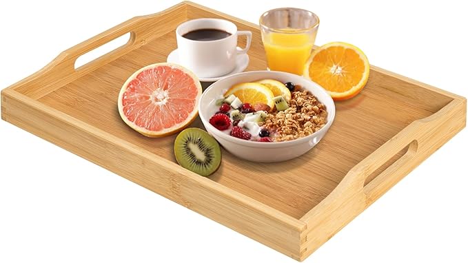 RRX Bamboo Food Serving Tray with Handles,Breakfast Bed Tray (Beige) | Wood Tray for Tea, Snack, Dinner, Home Decorative Storage Food, Platter, Ottoman for Kitchen Counter, Bathroom, Restaurant