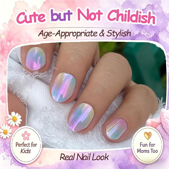 24pcs Press on Nails for Kids, Chorme Ombre Design for Teenager Girls 8-12 | Almond Kids Press on Nails, 12 Size, Non-Toxic, Fashion Nail Kit with Adhesive Tabs, Nail File for Christmas, Birthday, Party