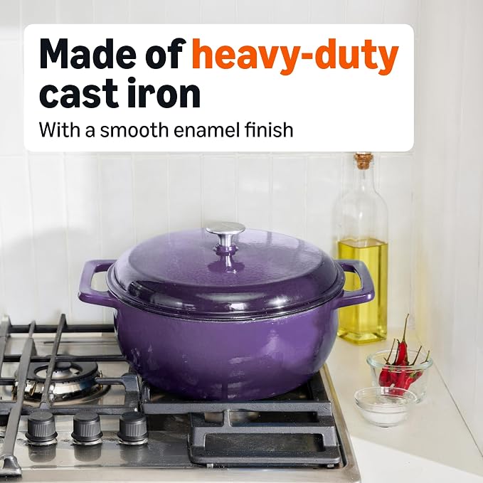 Amazon Basics Enameled Cast Iron Dutch Oven Pot with Lid, Round, Dual Handles, Heavy-Duty, Oven Safe for Stews, Roasting, Baking, 6-Quart, Purple