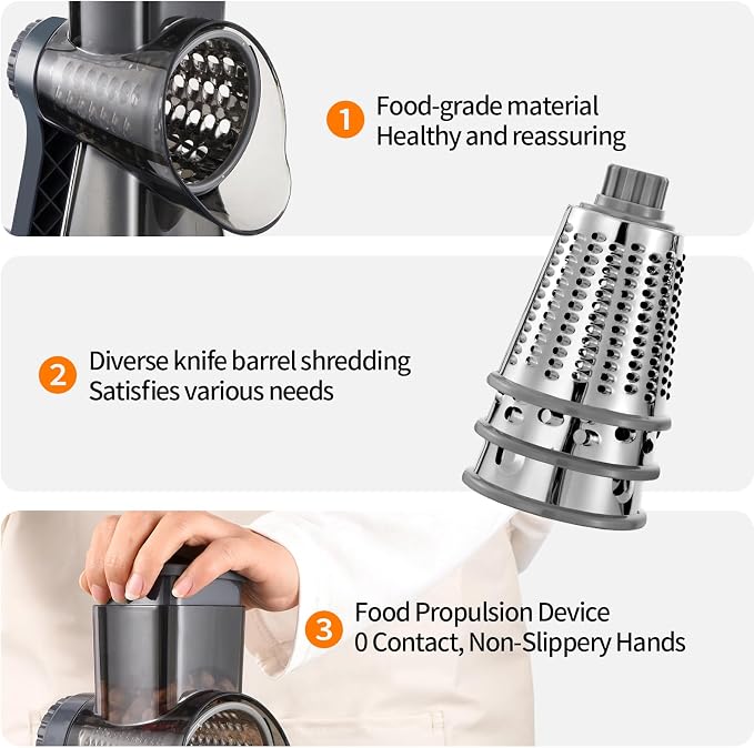 Rotary Cheese Grater Manual Hand Crank 3-in-1 Vegetable Shredde | Finger-safe design, stainless steel drums, suction base. Perfect for cheese, vegetables, nuts & chocolate. Easy to clean