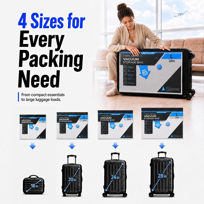 Travel Vacuum Bags with 60KPA Pump, 16 Pack Vacuum Seal Bags for Clothing | Compression packing bags for carry-on luggage and suitcases, leak-proof space savers for bedding and seasonal home storage